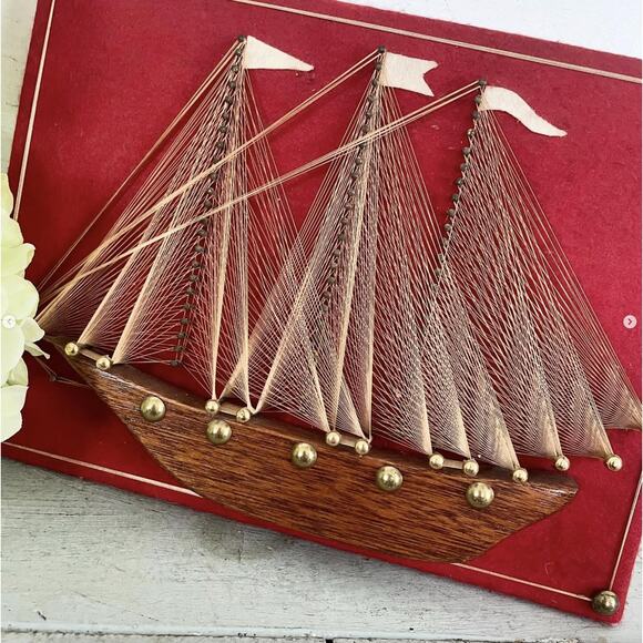 Vintage String Art Ship Boat Wood Body Brass Tacks Gold Thread Red Felt MCM - Picture 3 of 7